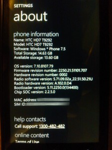 WP7 HTC HD7 Pre Firmware Update